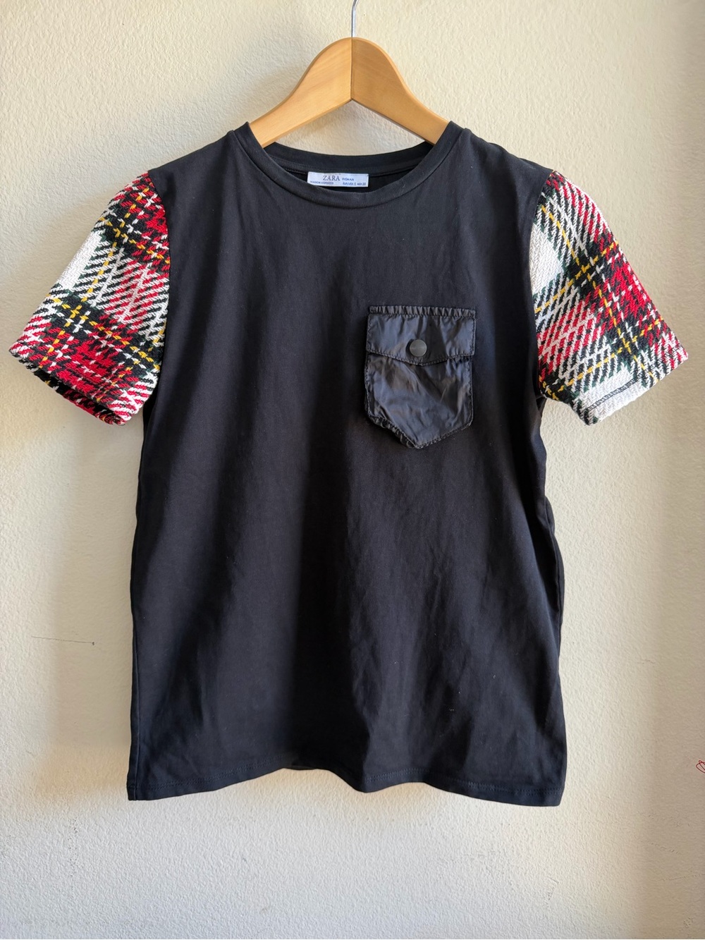 ZARA Black Tee with Red Plaid Short Sleeves